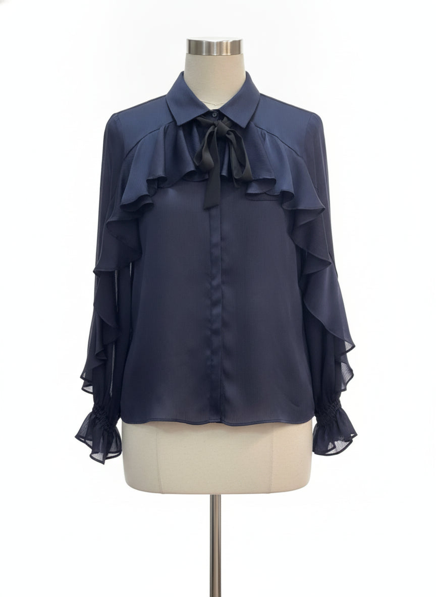 Zara · LongSleeve Top Ruffles and bow details · Small · NavyBlk