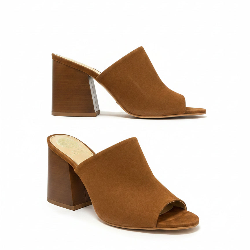 Vince Camuto · Keeran Open-Toe Mule Sandals · 7.5 · Tawny Suede