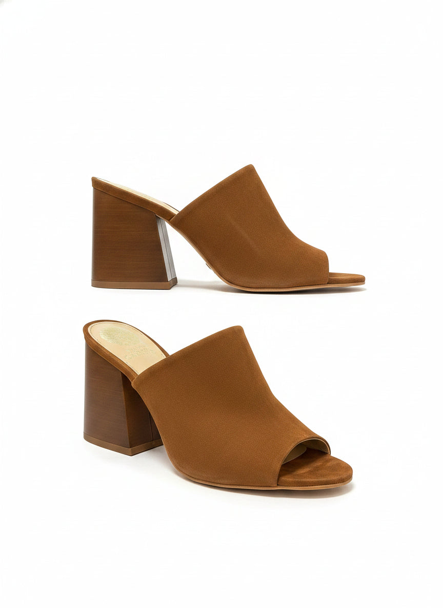 Vince Camuto · Keeran Open-Toe Mule Sandals · 7.5 · Tawny Suede