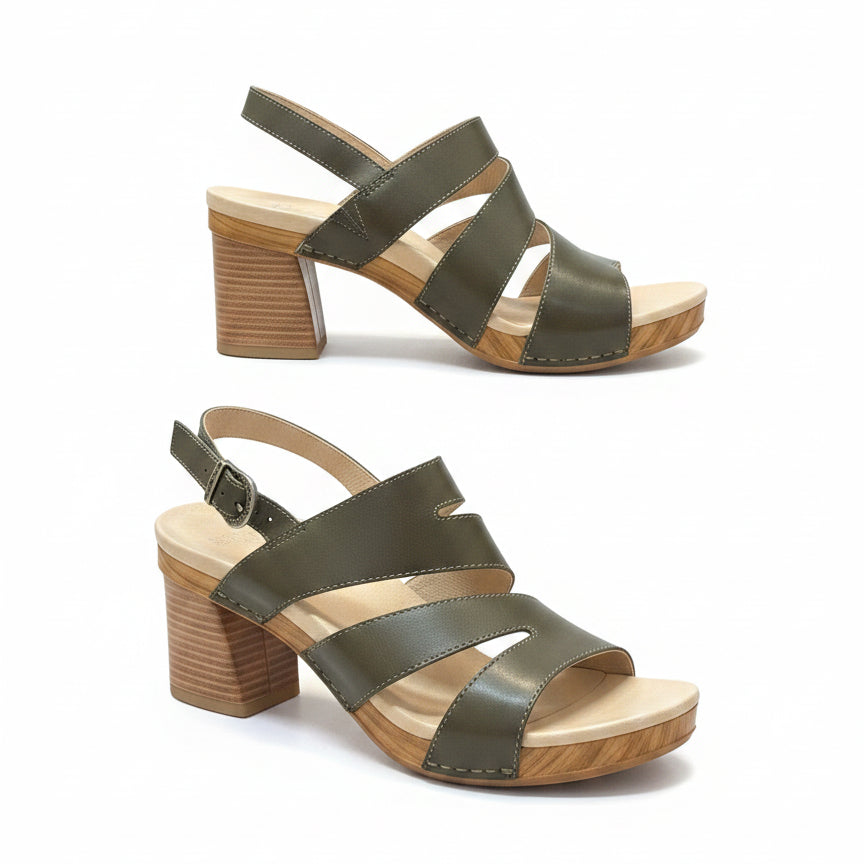 Dansko · Ashlee Burnished Calf Chunky Heel Sandal · 9.5 · Olive
