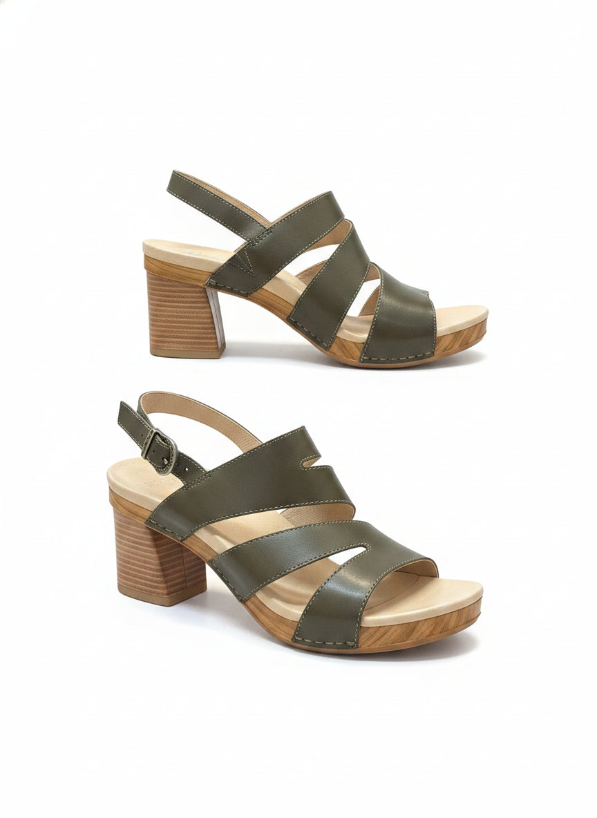 Dansko · Ashlee Burnished Calf Chunky Heel Sandal · 9.5 · Olive