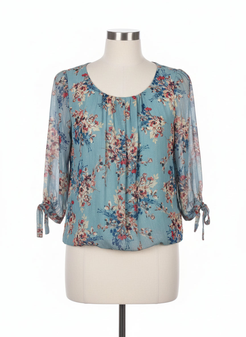 Sara Michelle · Balloon Sleeve Tie Sleeve · Small · TealFloral