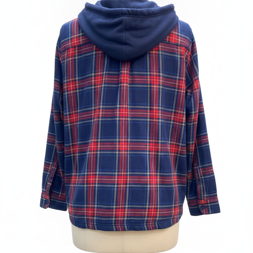 L.L.Bean · Fleece Lined Hooded Plaid Shacket · L · Navy/Red