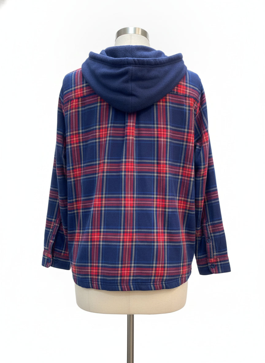 L.L.Bean · Fleece Lined Hooded Plaid Shacket · L · Navy/Red