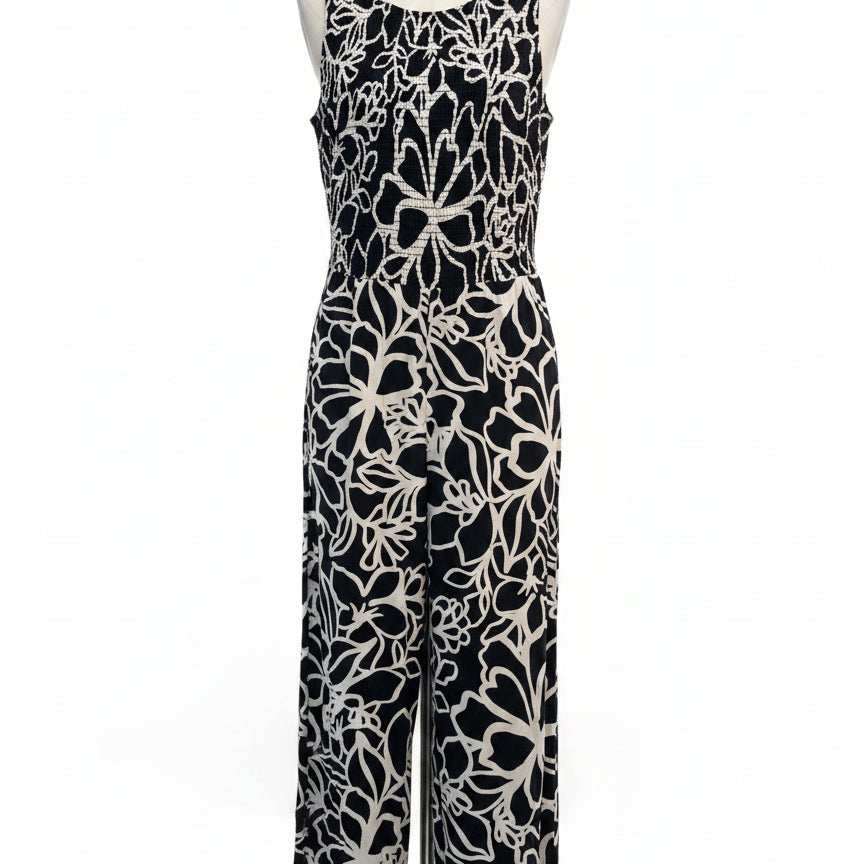 Calvin Klein · Sleeveless Smocked Floral Print Jumpsuit · 8 · BlackWhite