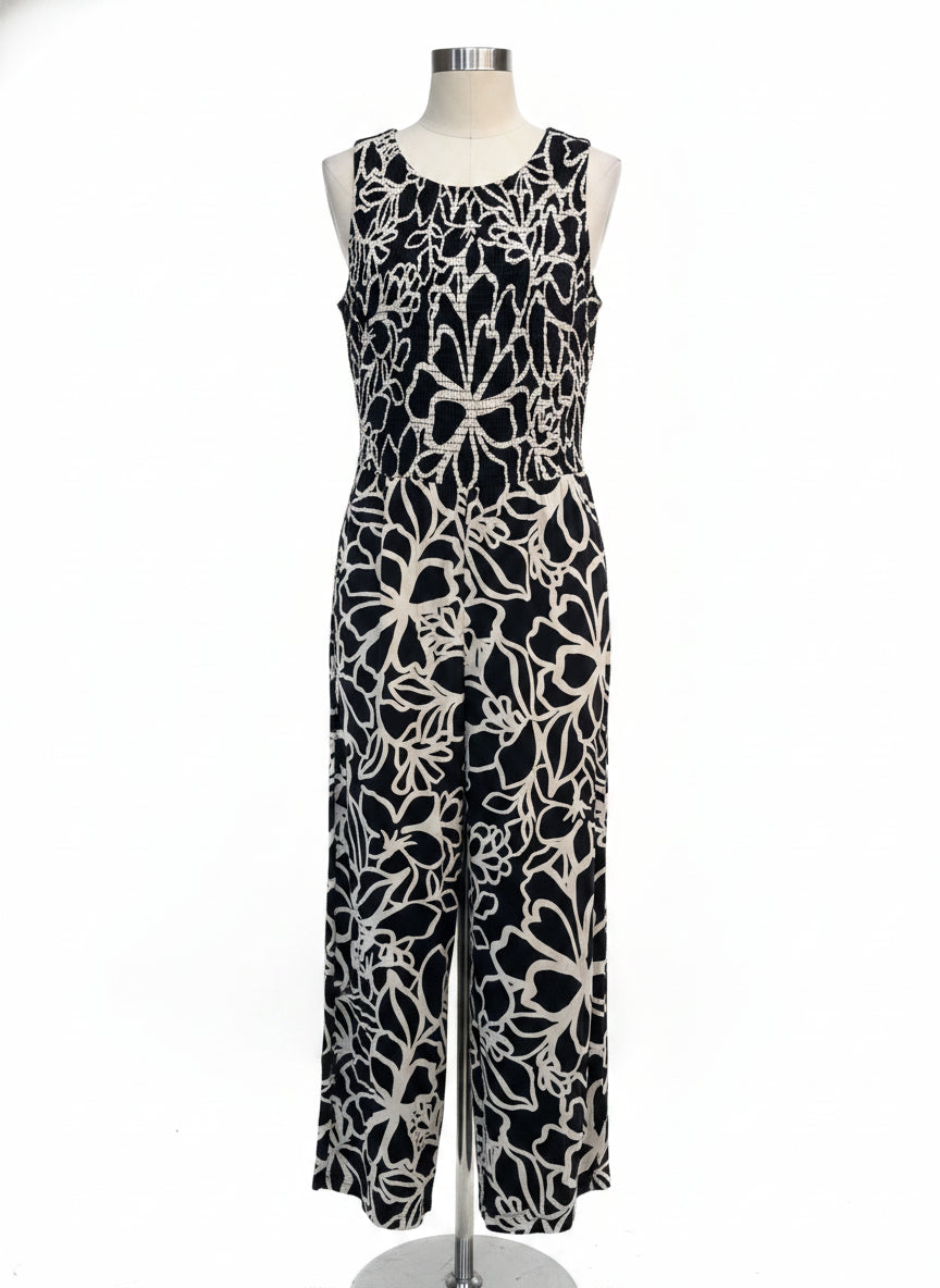 Calvin Klein · Sleeveless Smocked Floral Print Jumpsuit · 8 · BlackWhite