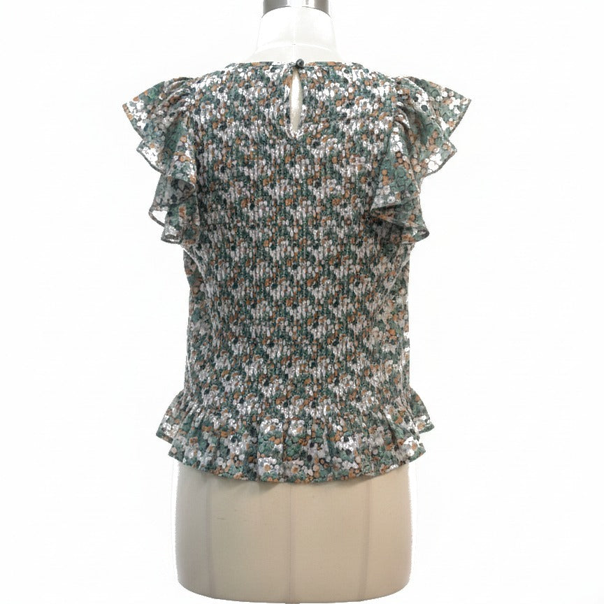 Blue Tassel · Flutter Sleeve Daisy Flower Design top · Small · Green Floral