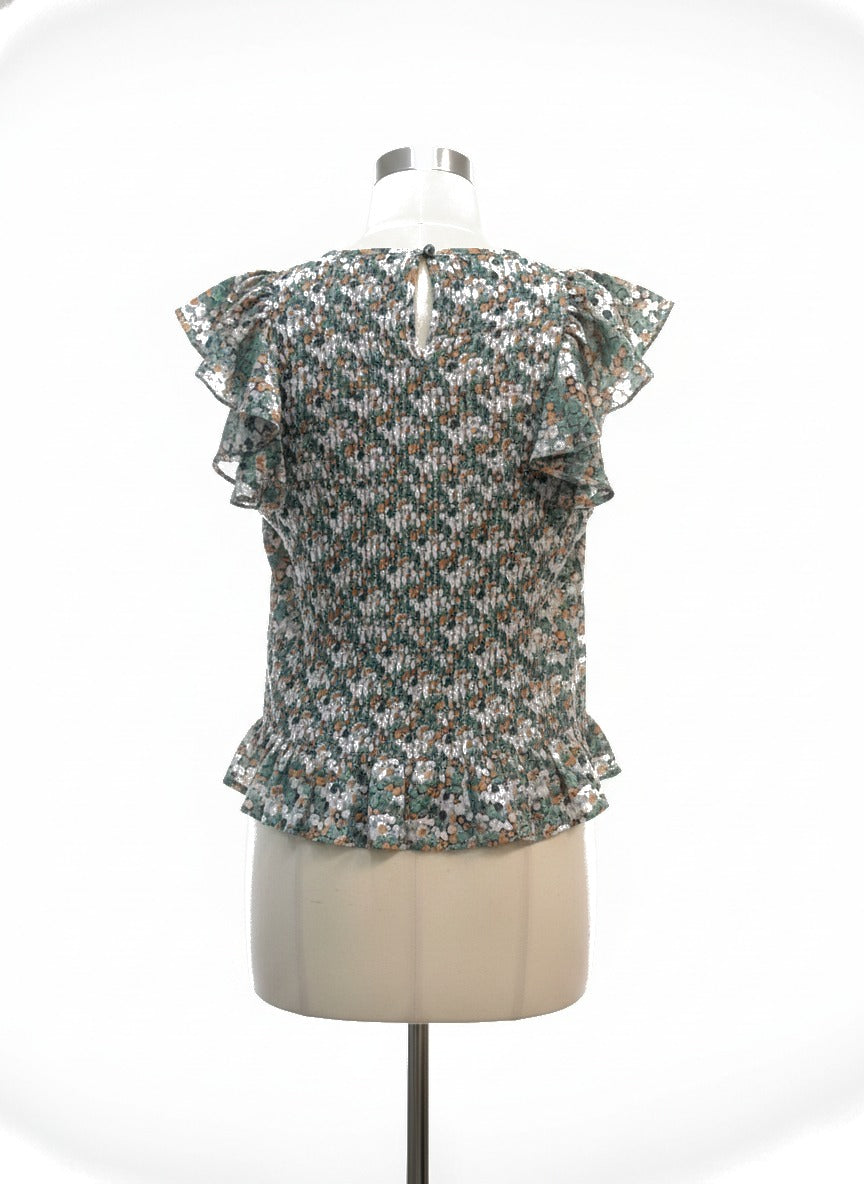 Blue Tassel · Flutter Sleeve Daisy Flower Design top · Small · Green Floral