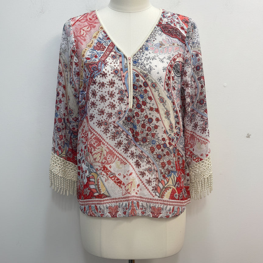 Sundance · Floral Paisley w/Fringe Sleeves · Small · CreamRed
