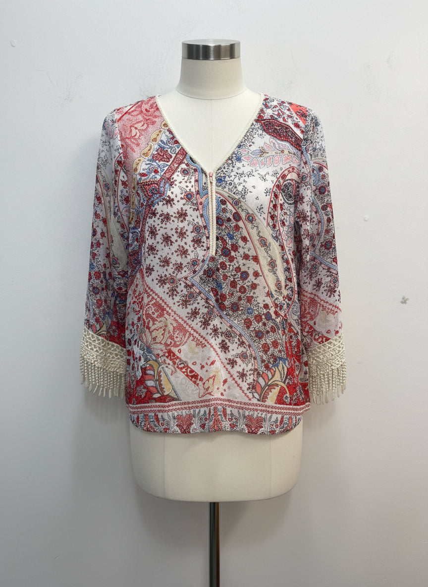 Sundance · Floral Paisley w/Fringe Sleeves · Small · CreamRed