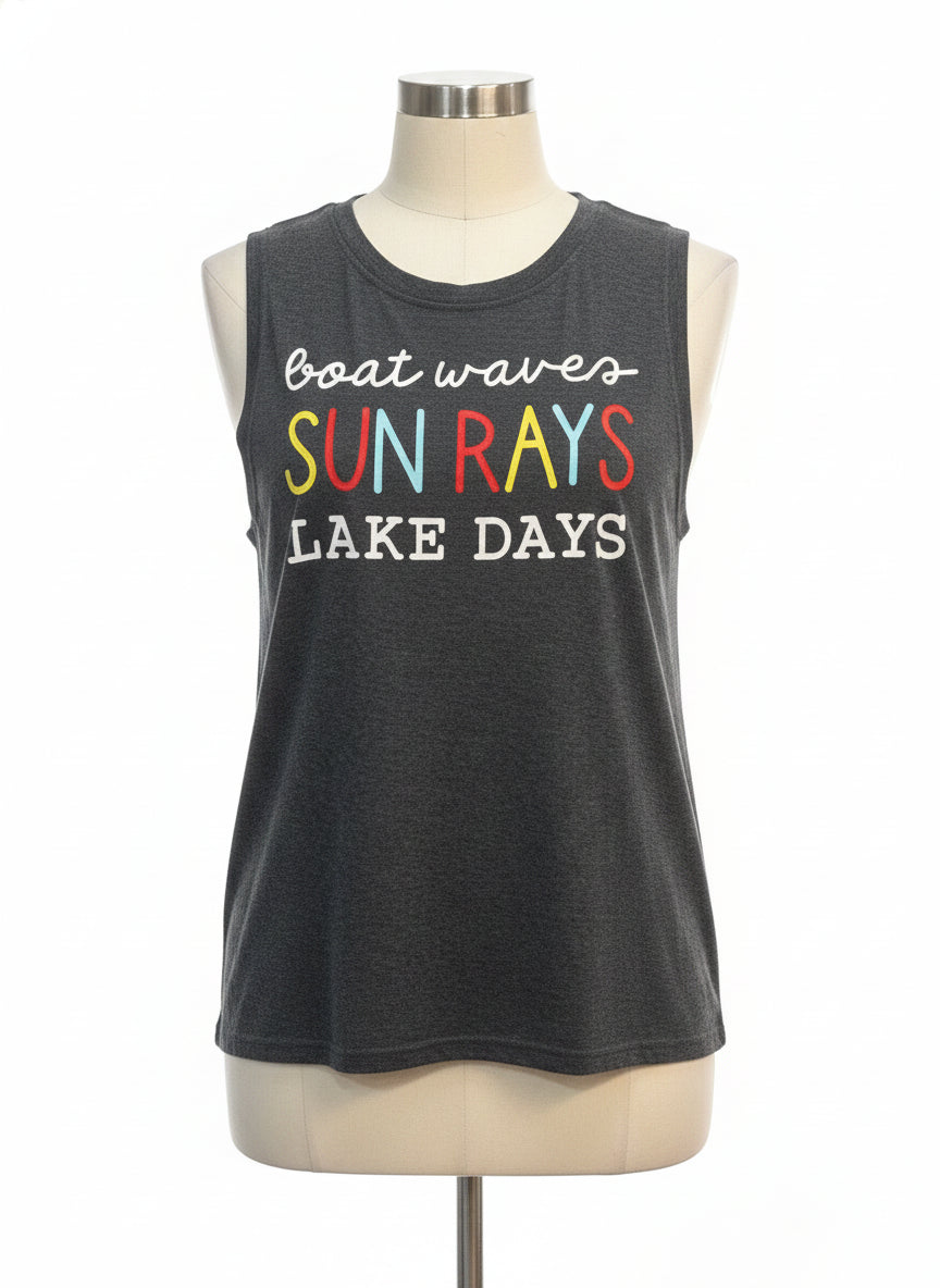 TCR · Boat Waves Sun Rays Lake Days Sleeveless Top · Large · Grey