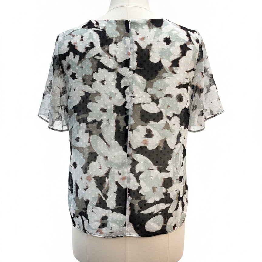 Kasper · Flutter Sleeve Top · Large · BlackGray Sheer Floral