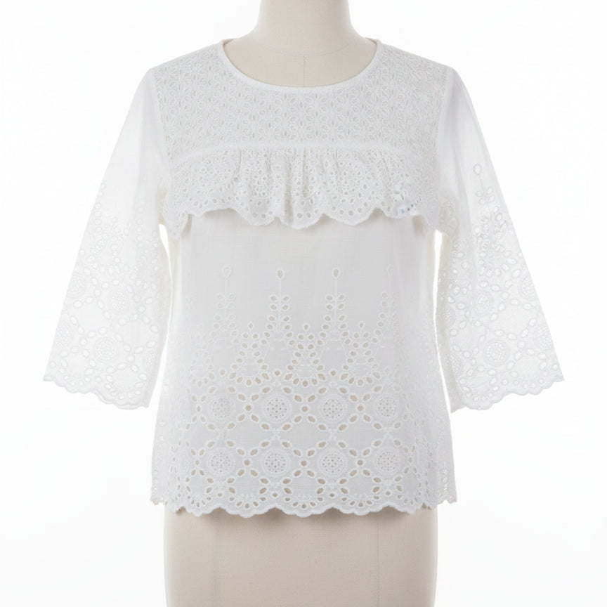 Anthropologie · Blue Tassel White Lace Poplin Blouse · Small · White Eyelet
