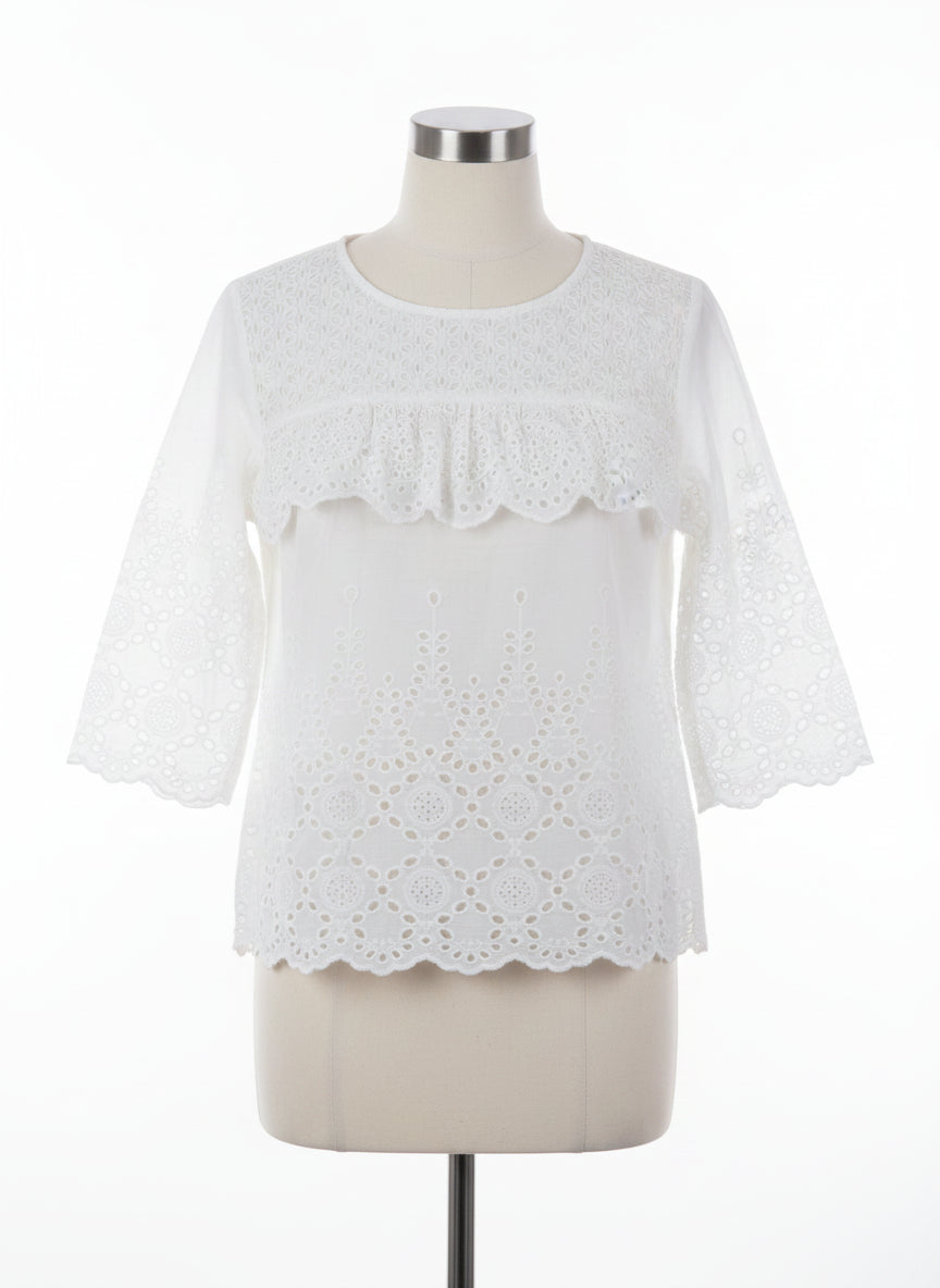 Anthropologie · Blue Tassel White Lace Poplin Blouse · Small · White Eyelet