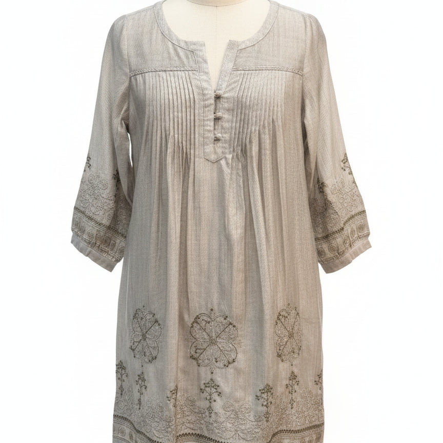 Anthropologie · Blue Tassel GrayTurq Embroidered Dress · Small · Beige Moss