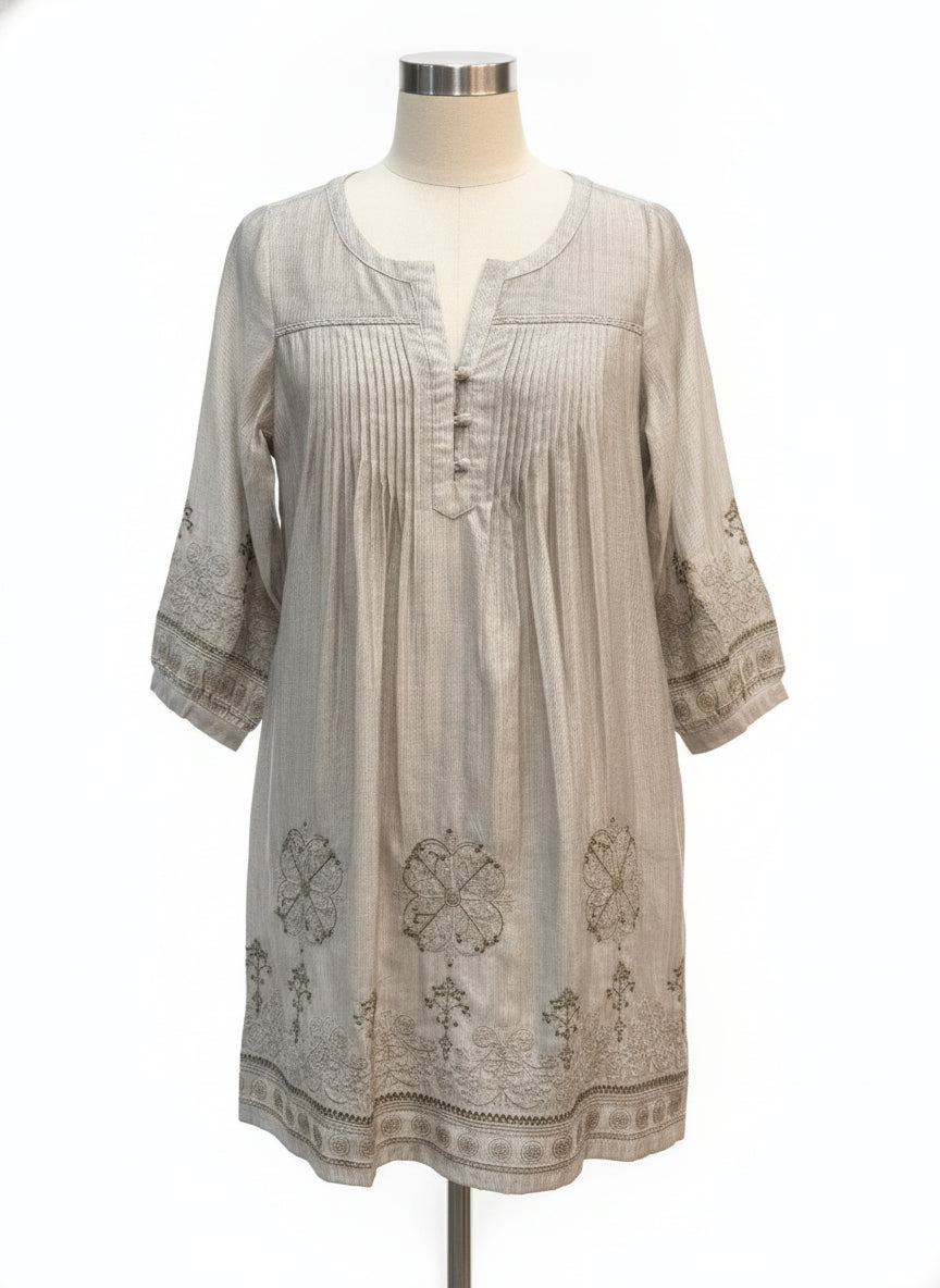 Anthropologie · Blue Tassel GrayTurq Embroidered Dress · Small · Beige Moss