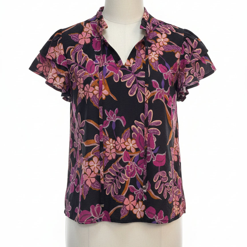 Oddi · Flutter Sleeve Top · Small · Black Floral