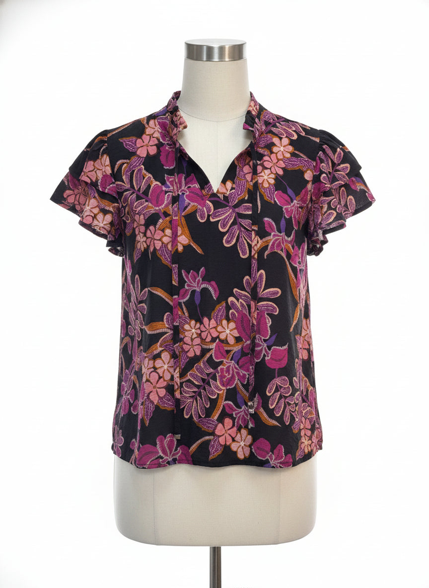 Oddi · Flutter Sleeve Top · Small · Black Floral