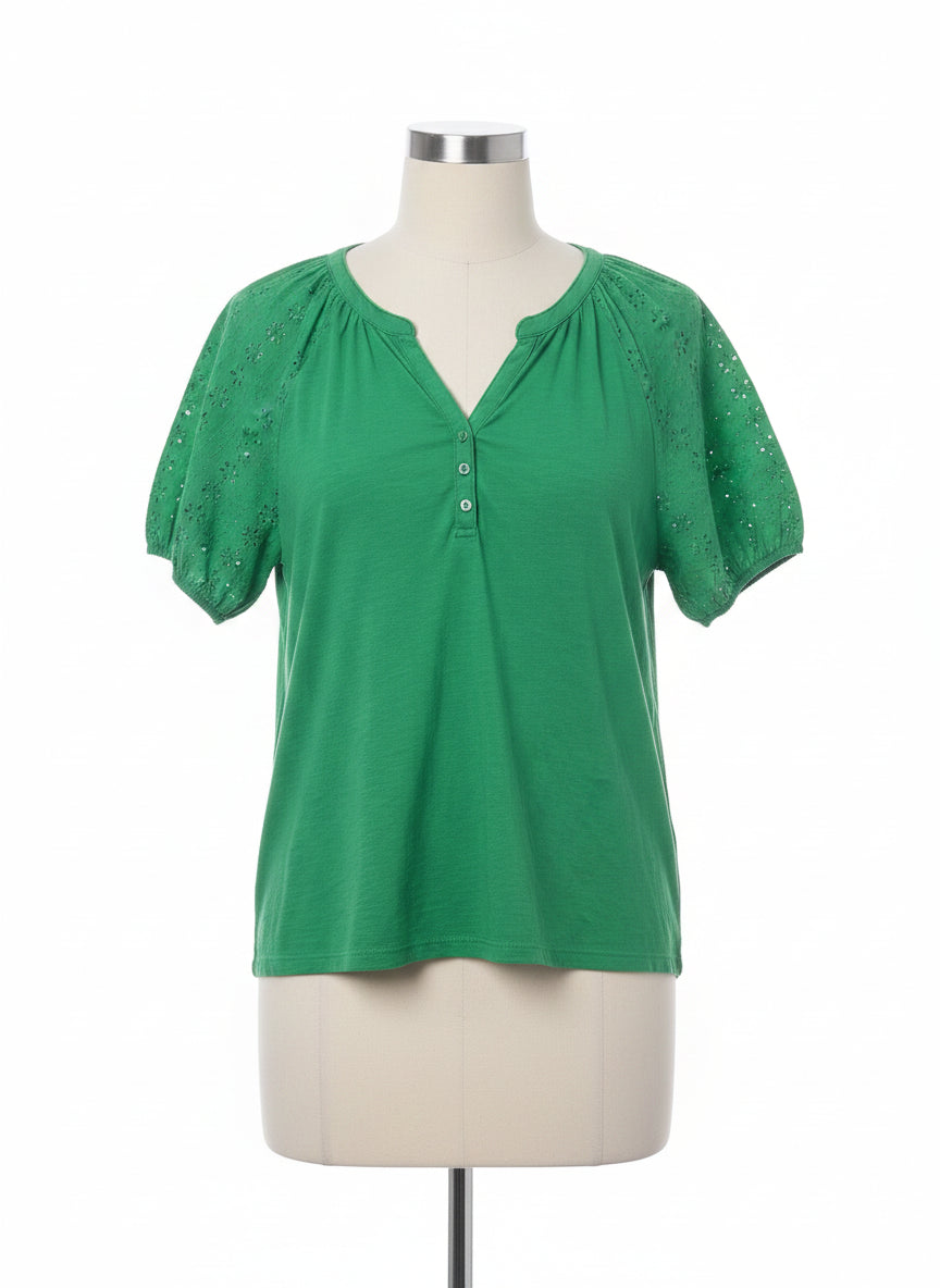 Lucky Brand · Eyelet Detail Sleeves Short Sleeve Top · Medium · Green