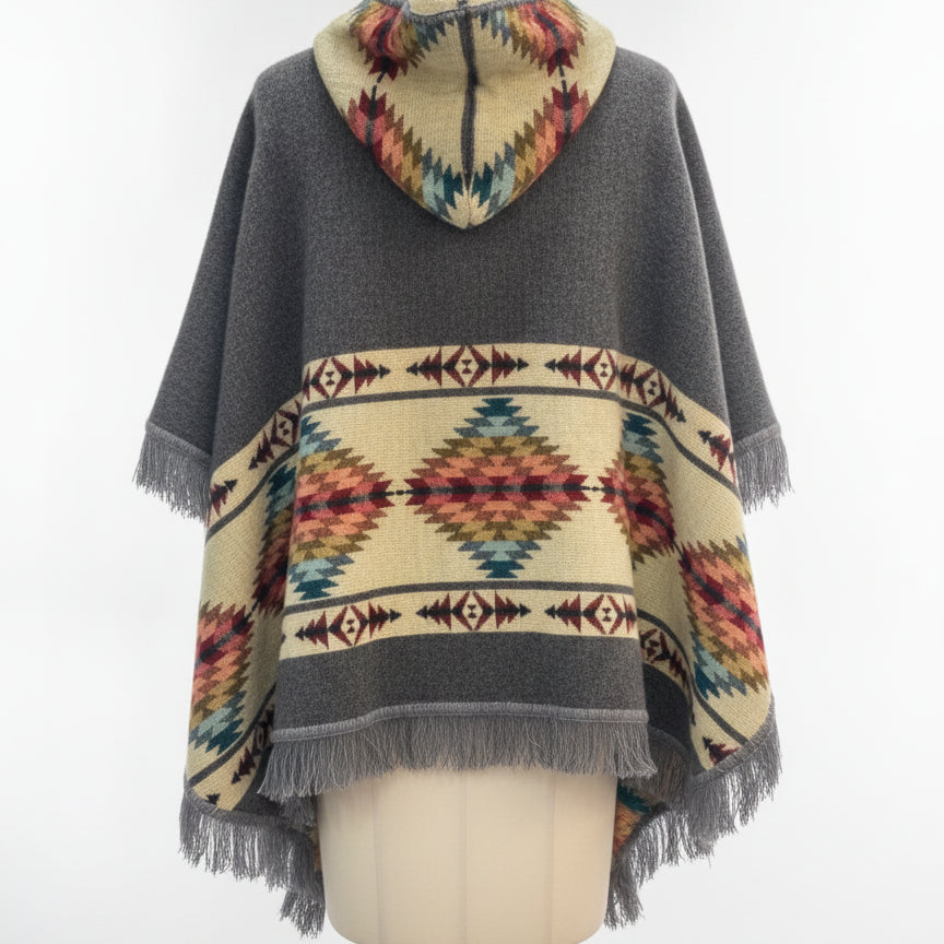 Native Creations · Hooded Fashion Poncho · OS · GrayMulti