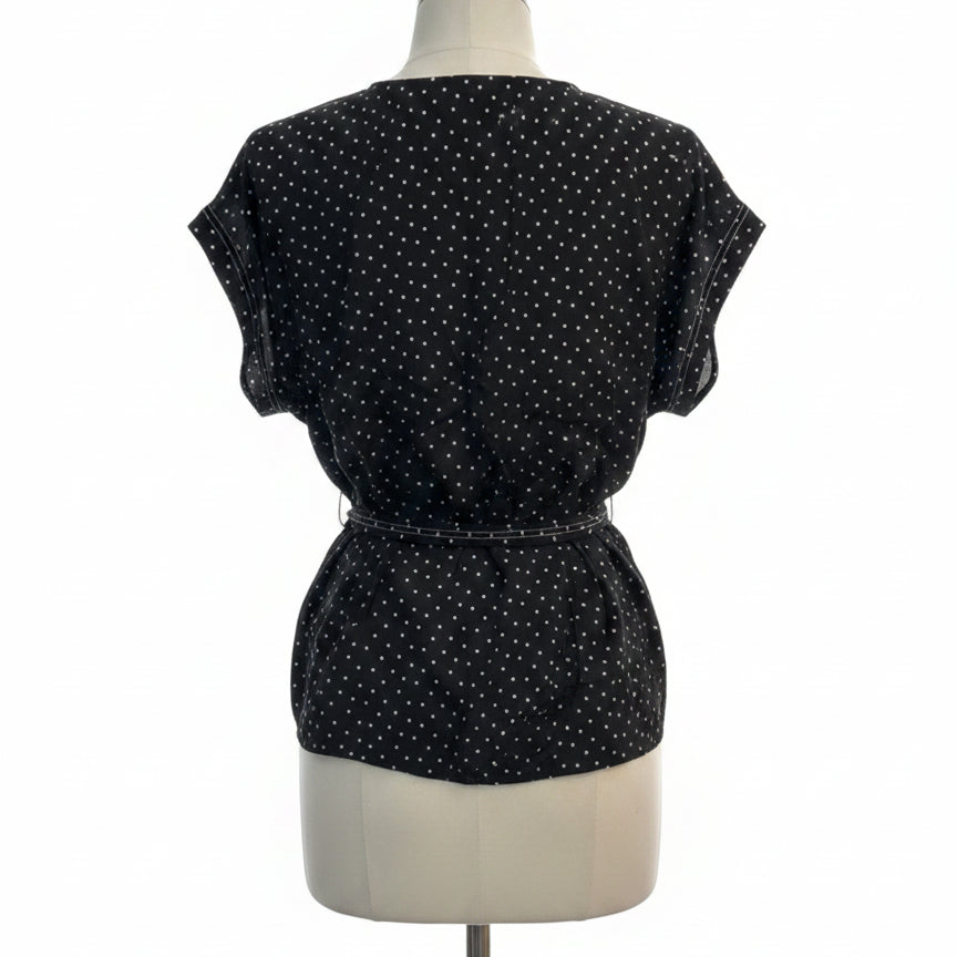 1. State · Cap Sleeve Top with Tie Belt · 2X · Black/White Polka Dot
