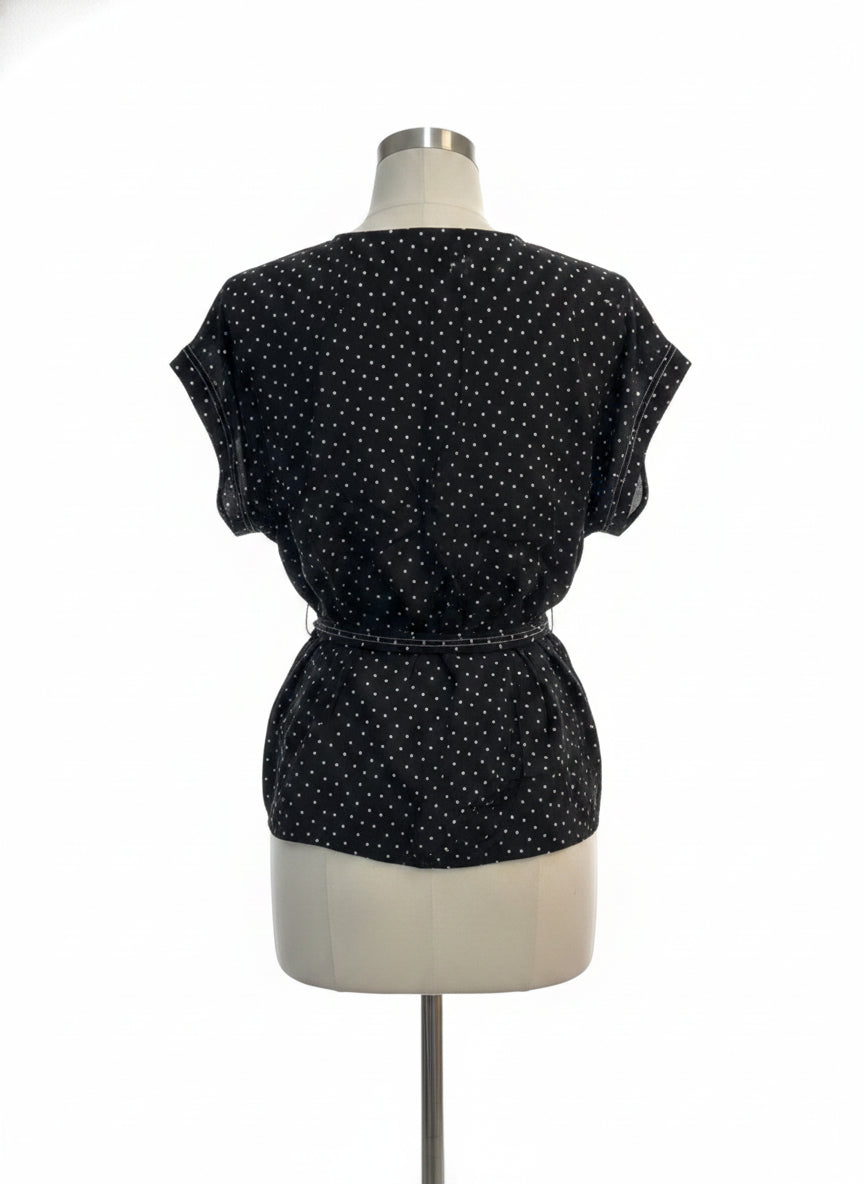 1. State · Cap Sleeve Top with Tie Belt · 2X · Black/White Polka Dot