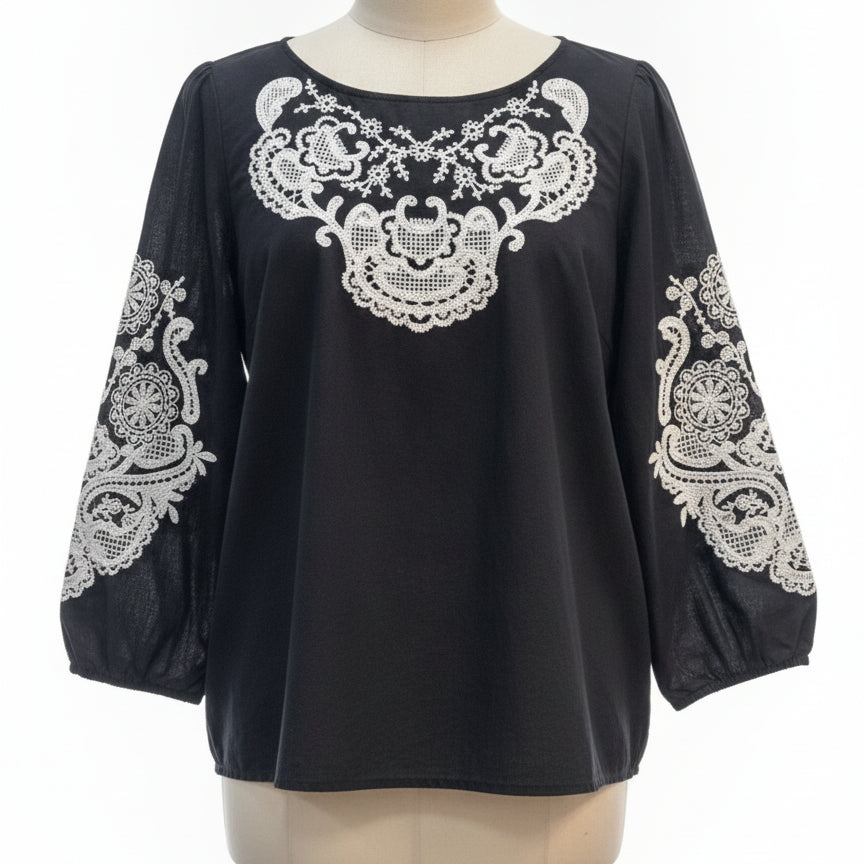 Talbots · 3/4 Sleeve Embroidered Blouse · Large · Black
