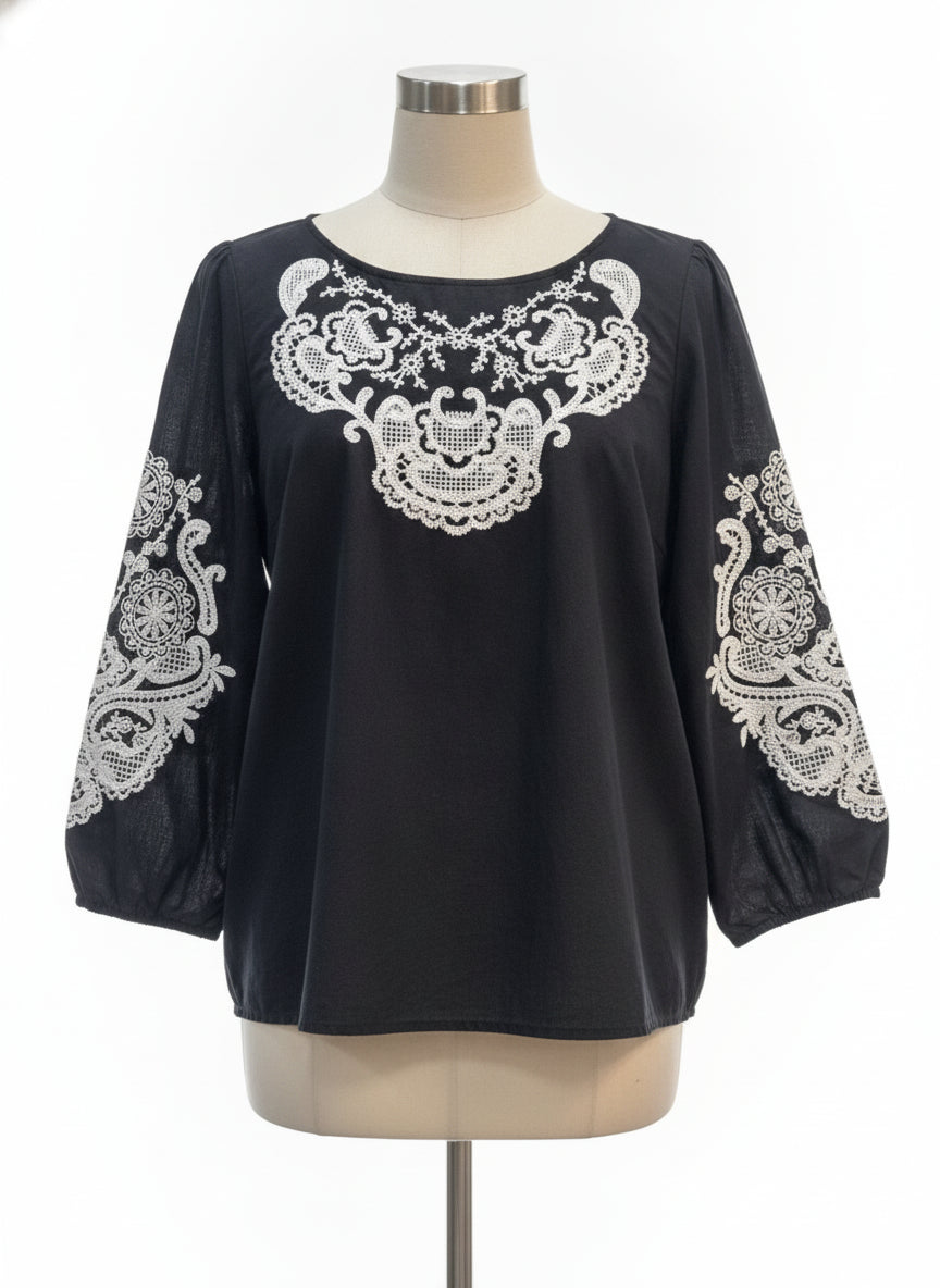 Talbots · 3/4 Sleeve Embroidered Blouse · Large · Black