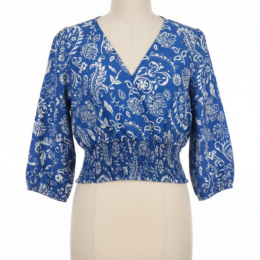 Melanie Lynne · 3/4 Sleeve Smocked Waist Blouse · Medium · BlueWhite