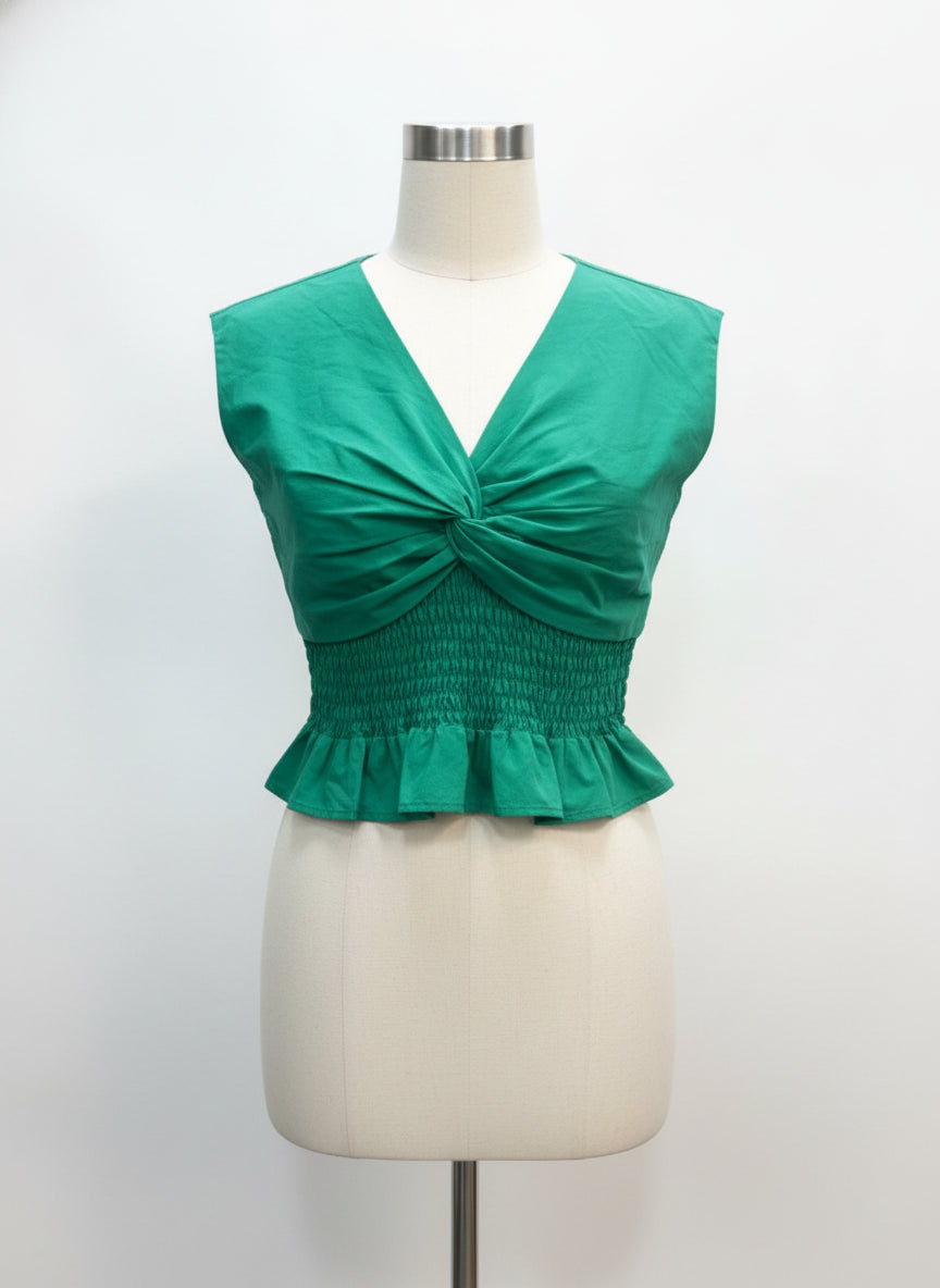 Blue Tassel · Poplin Cotton Twist Front Cap Sleeve Cropped Smocked · Small · Green