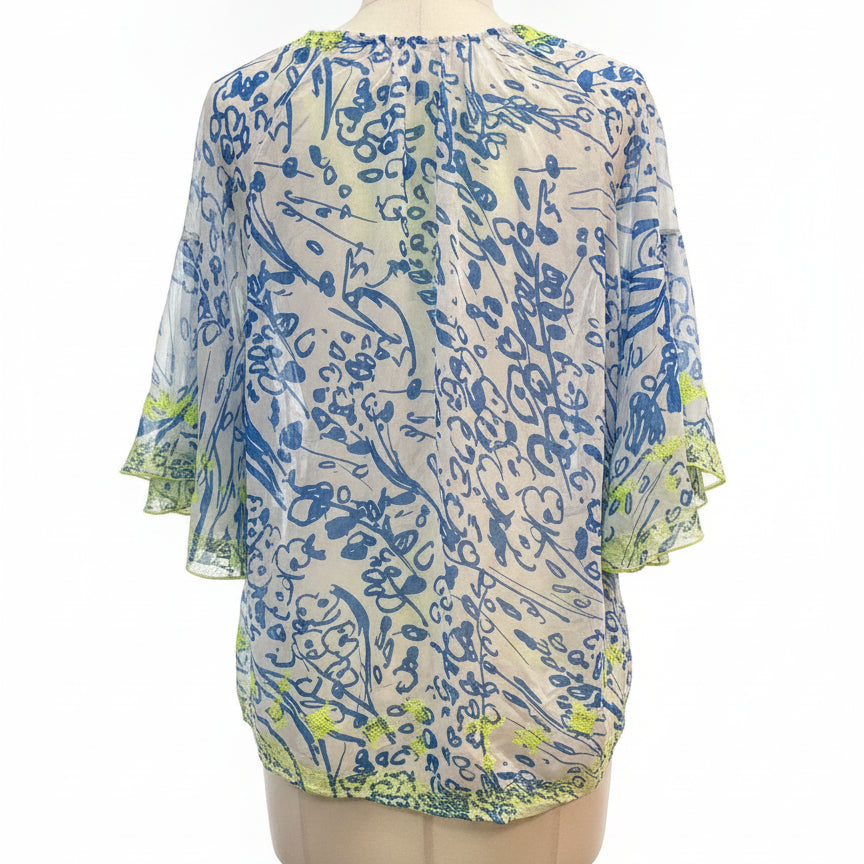 Sundance · Bell Sleeve Top · S/M · White with Blue Print and Neon Yellow Embroidery