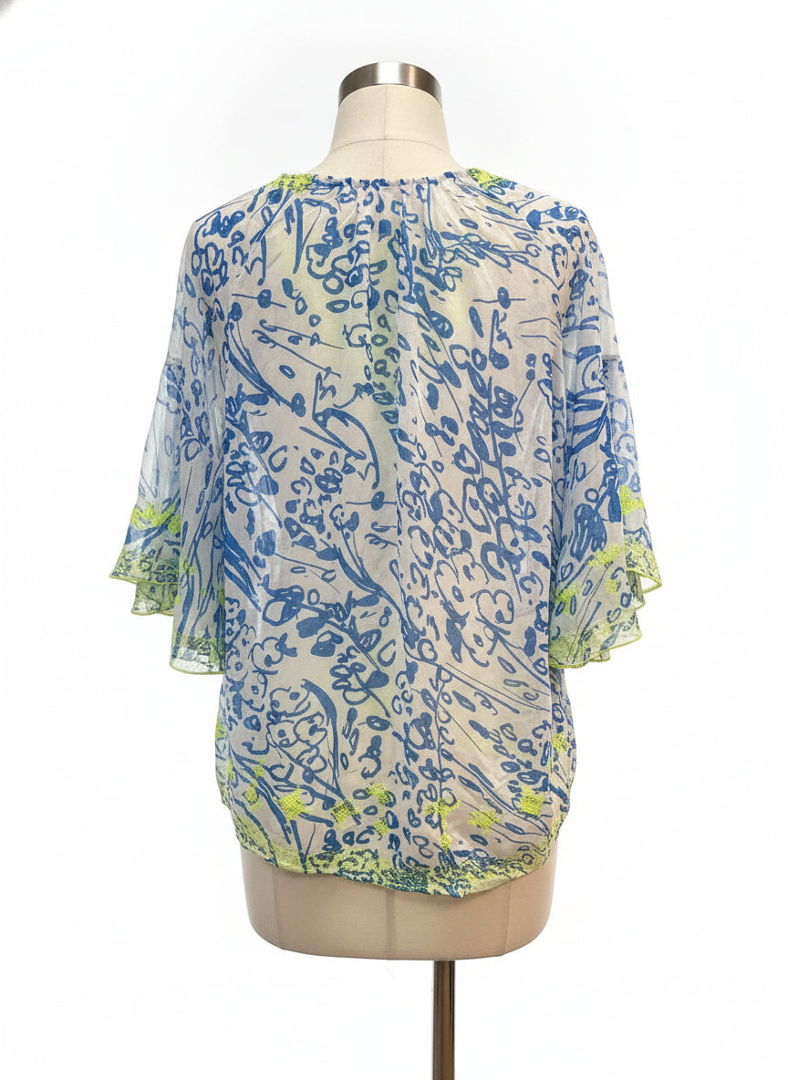 Sundance · Bell Sleeve Top · S/M · White with Blue Print and Neon Yellow Embroidery