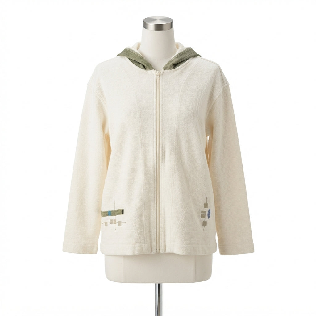 Alegre · Hand Painted Zip Up Hooded Jacket · S/M · CreamOlive