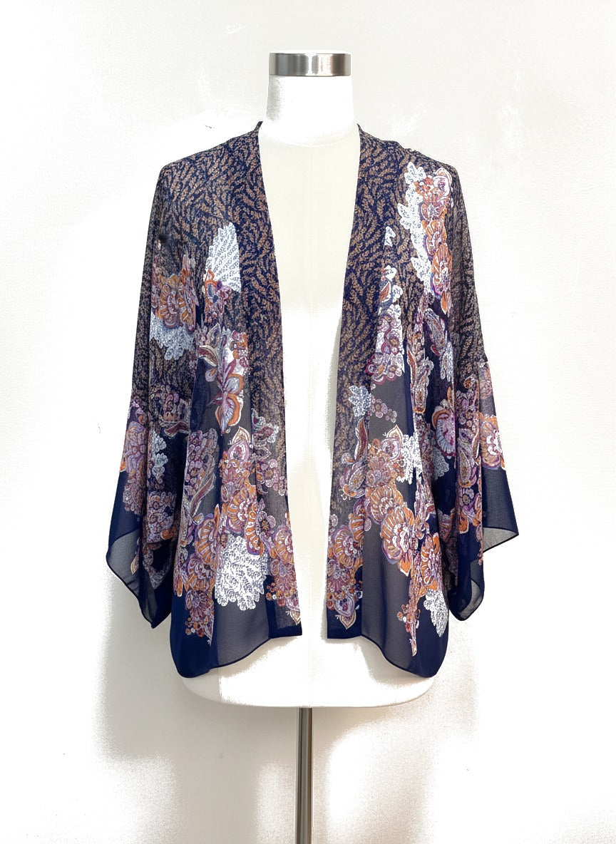 ReneeC · Sheer Paisley floral print Kimono · 2X · Navy Floral