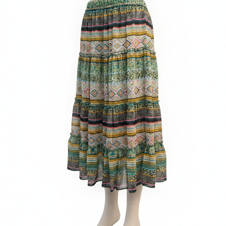 Sundance · Boho Southwestern Tiered Skirt · Small · GreenMulti