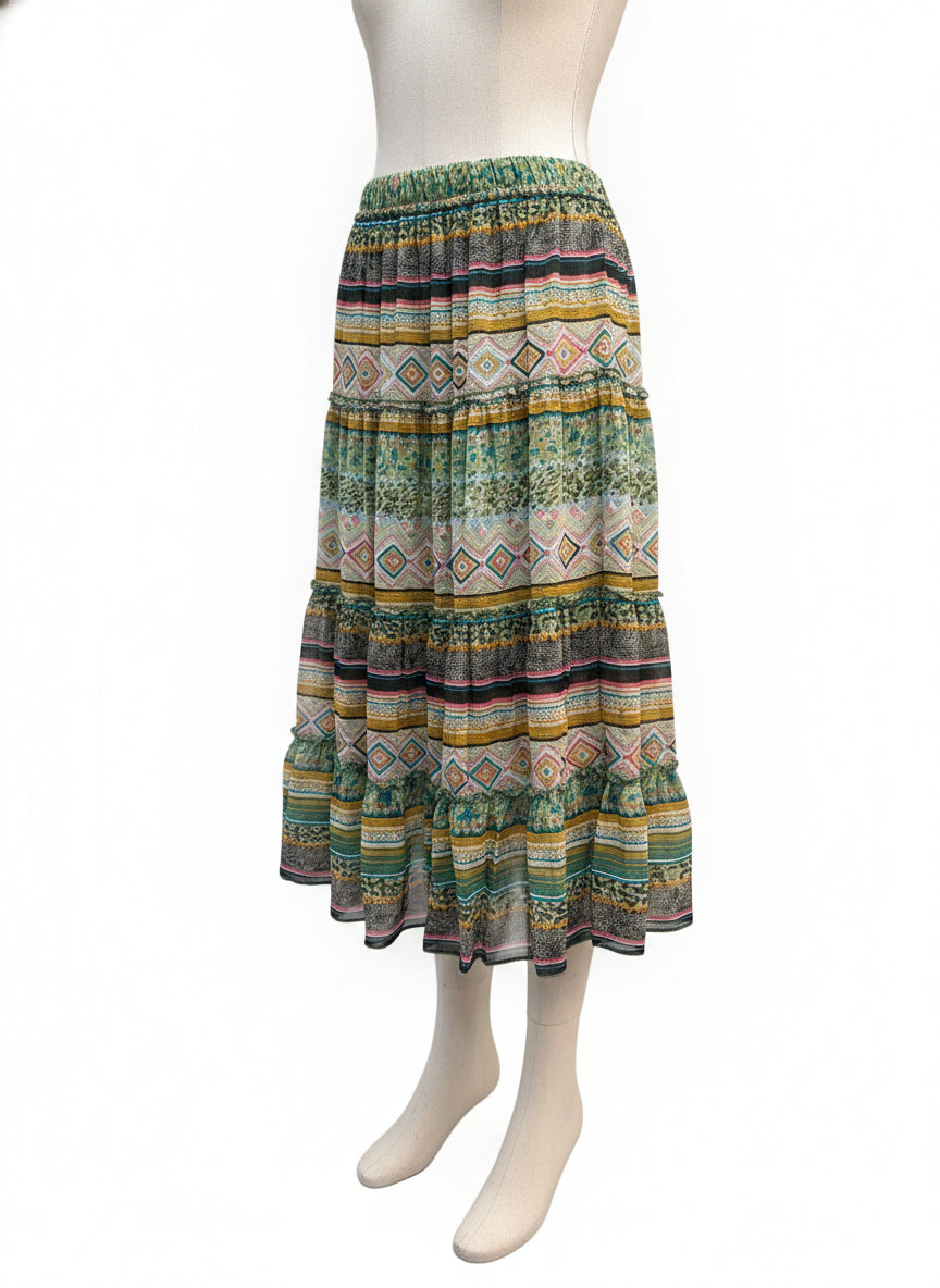 Sundance · Boho Southwestern Tiered Skirt · Small · GreenMulti