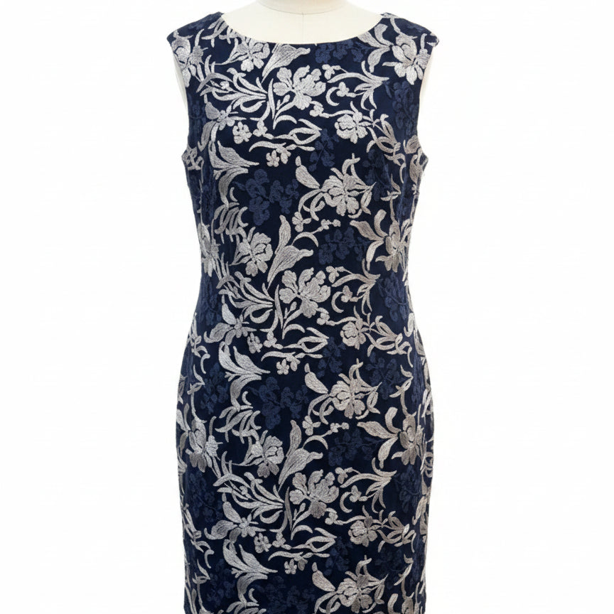 Ralph Lauren · Cap Sleeve Dress · 16 · Navy with Floral Embroidery