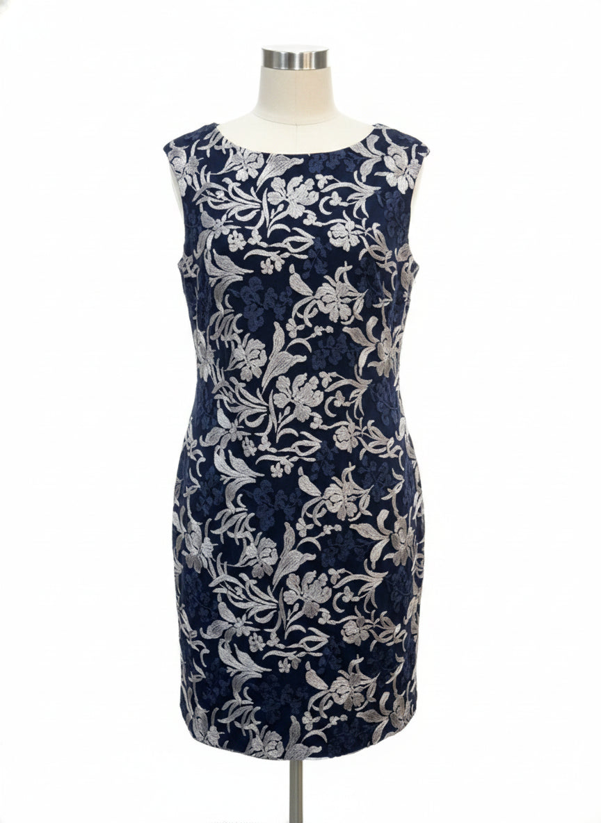 Ralph Lauren · Cap Sleeve Dress · 16 · Navy with Floral Embroidery