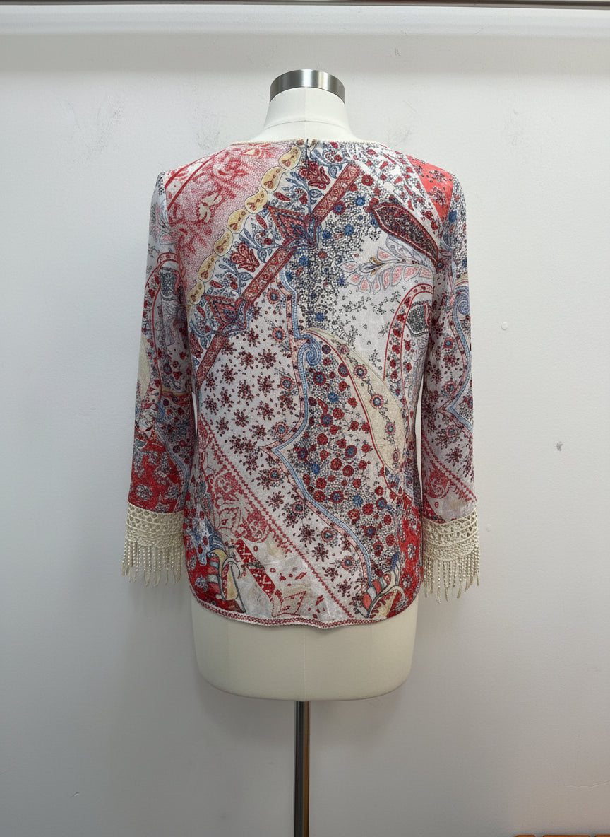 Sundance · Floral Paisley w/Fringe Sleeves · Small · CreamRed