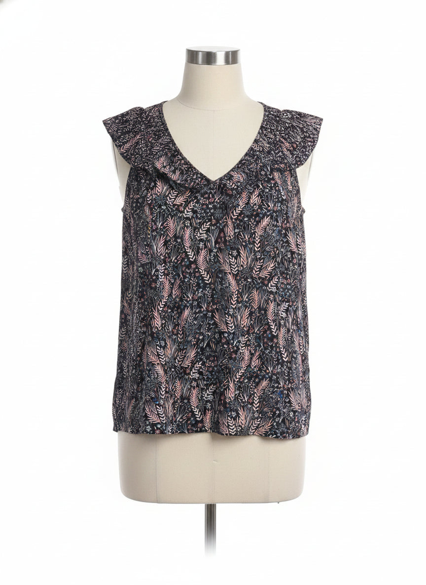 LOFT · Ruffle detail Sleeveless Top · Large · Black Floral