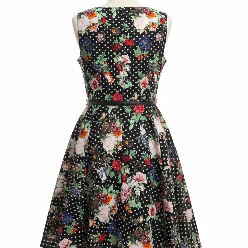 Miss Lulo · Polka Dot Belted Dress · 6 · BlackFloral