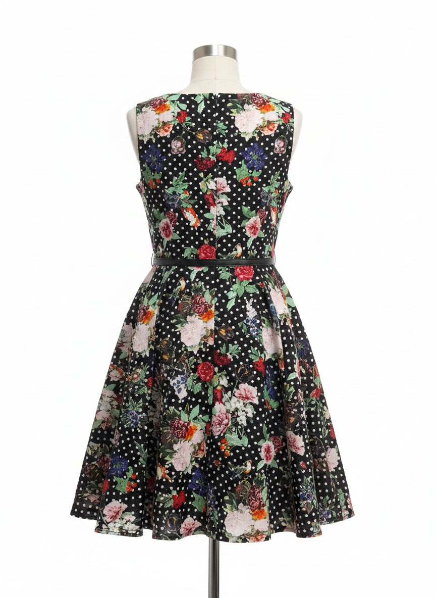 Miss Lulo · Polka Dot Belted Dress · 6 · BlackFloral
