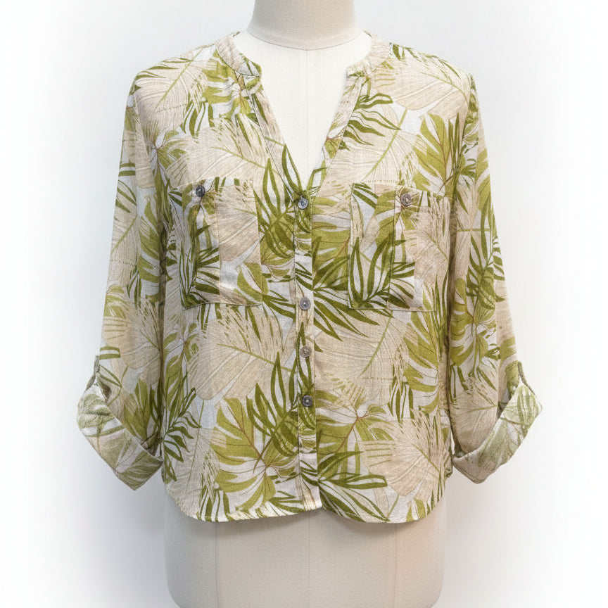 C&C · Roll Tab Shirt · Large · Tan Green Leaf Print