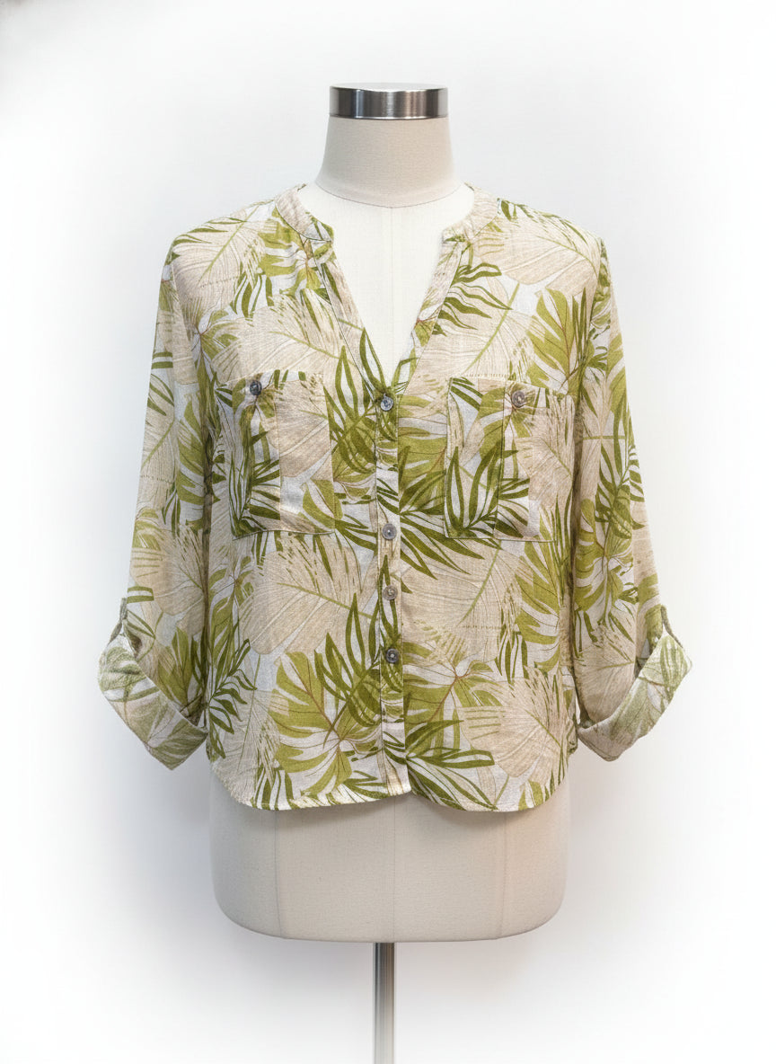 C&C · Roll Tab Shirt · Large · Tan Green Leaf Print