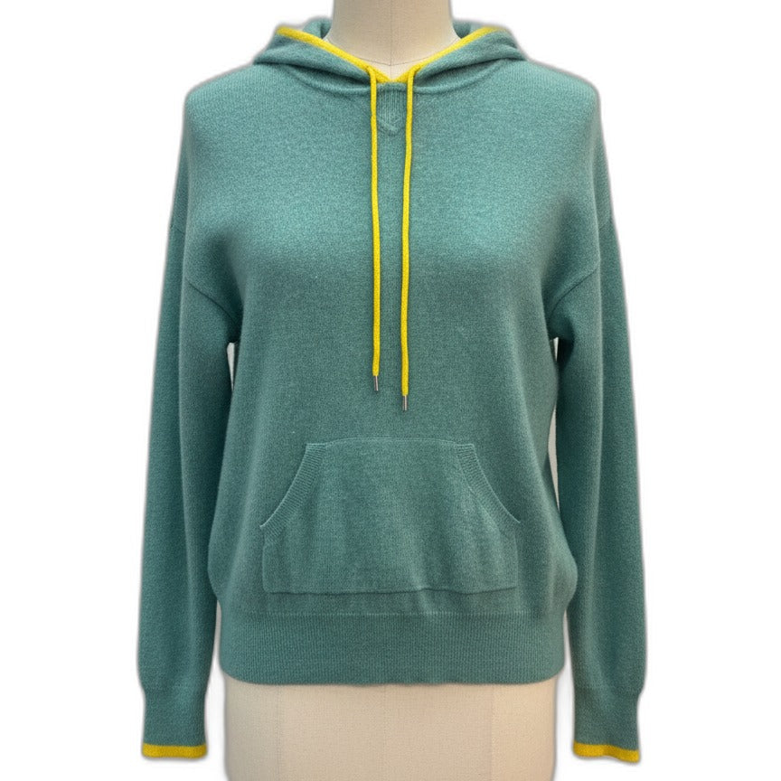 Charter Club · Cashmere Hoodie w/ Yellow Trim · Medium · SeaGreen