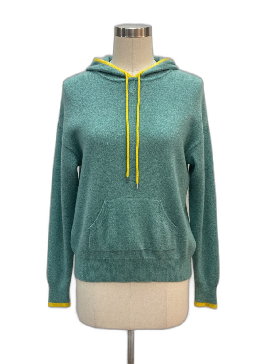 Charter Club · Cashmere Hoodie w/ Yellow Trim · Medium · SeaGreen