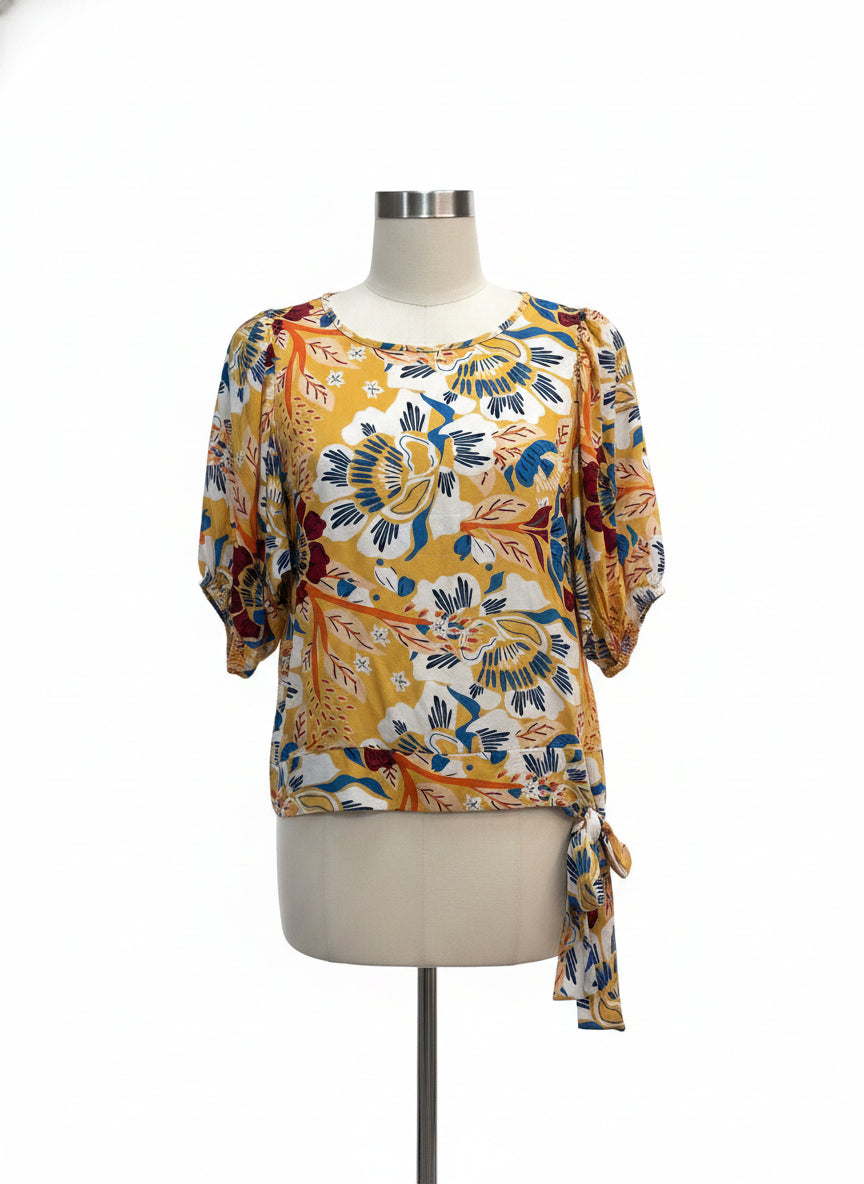 Dantella · Balloon Sleeve Side Tie Top · Large · Yellow Floral