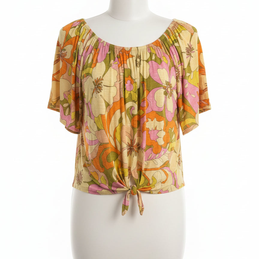 Kim&Cami · Boho Top Floral Design w/Tie Front · Large · YellowOrg+