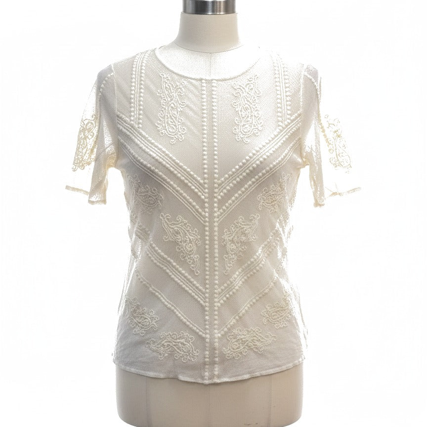 LuckyBrand · Embroidered Mesh Top · Small · Cream