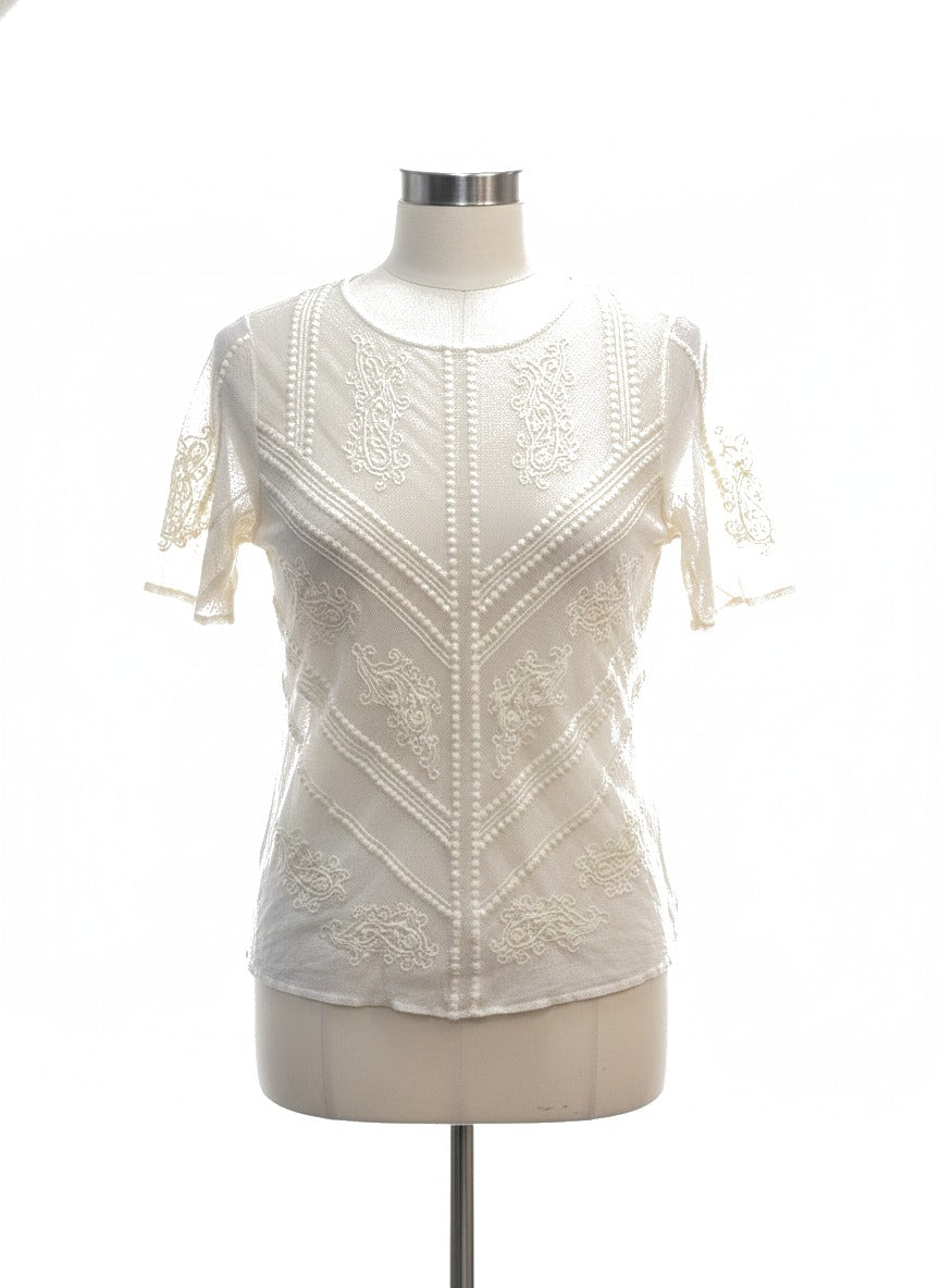 LuckyBrand · Embroidered Mesh Top · Small · Cream